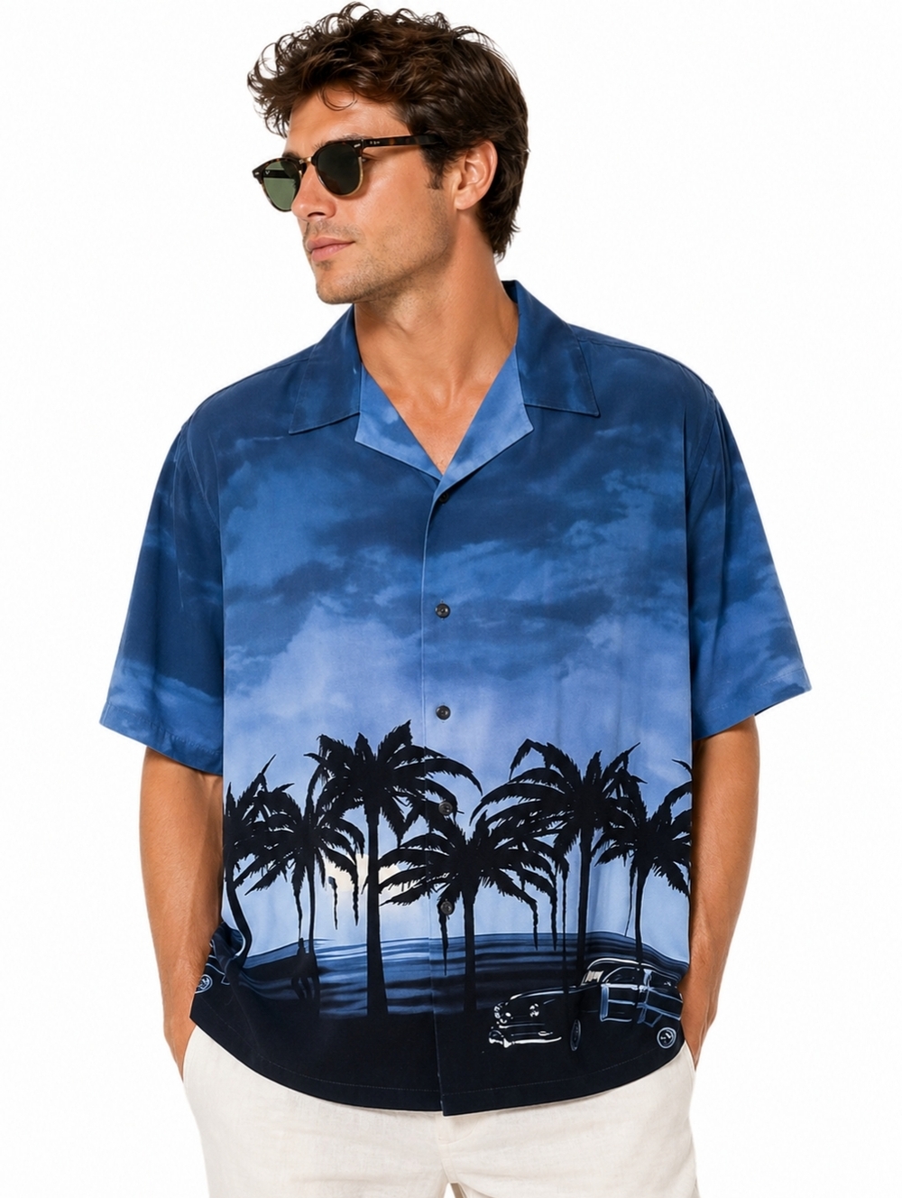 Vintage Ocean Current Hawaiian Shirt Men's XL Blue Palm Tree Sunset Car Camp